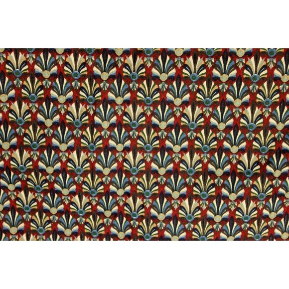 VTG Maroon Fabric Blue Tan Fan Pattern Upholstery 46" Hollywood Art Deco Style - Picture 1 of 3